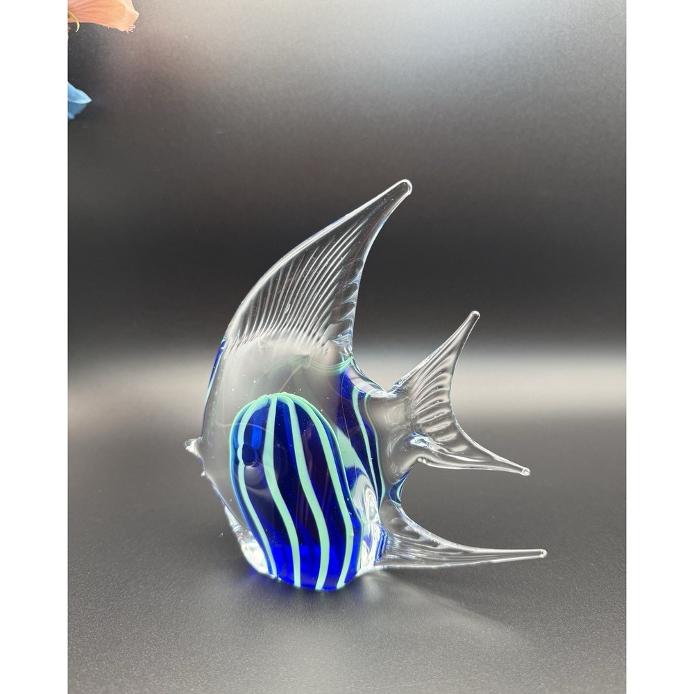 Murano Style Art Glass Angel Fish Blue/Teal Paperweight Hand Blown 4.5"Long - Picture 10 of 10